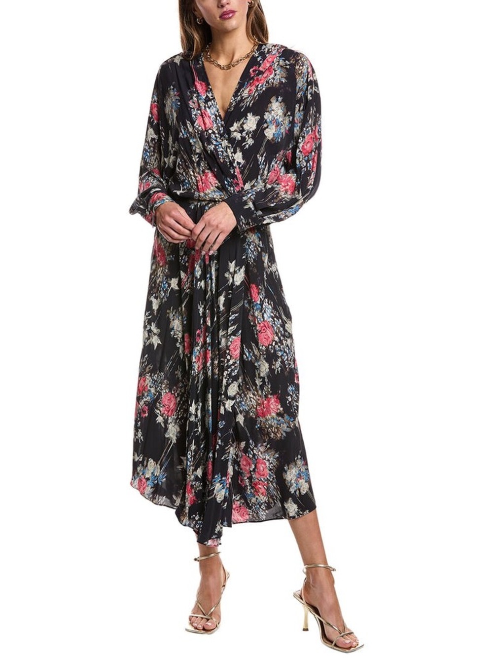 IRO Black Floral Wrap Midi Dress with Pink and Blue Accents - Picture 2 of 11